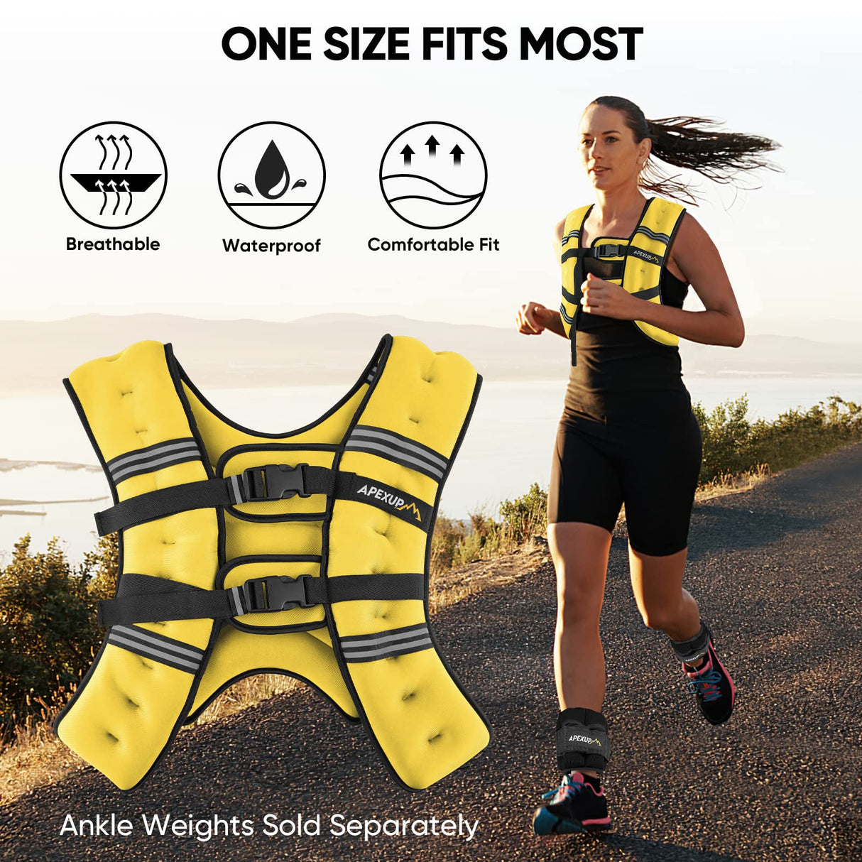APEXUP Weighted Vest with 5lbs/10lbs/15lbs/20lbs/25lbs/30lbs Weights and Reflective Stripe, Weight Vest Men Women for Workout, Strength Training, Running (Yellow, 15lbs)