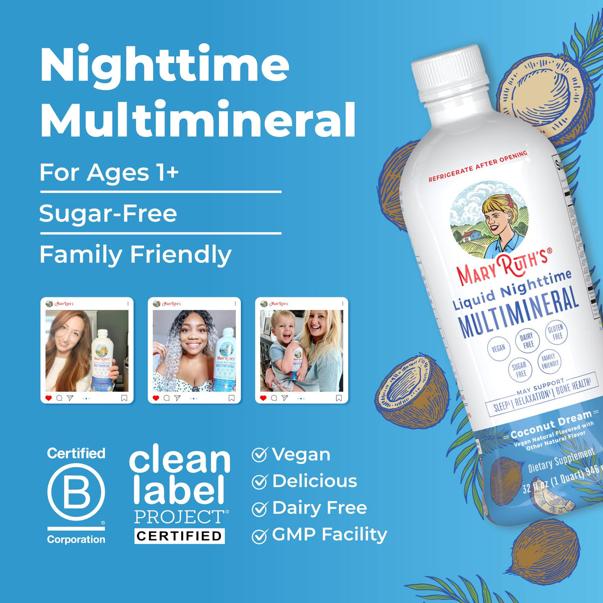 MaryRuth Organics Liquid Nighttime Multimineral | No Melatonin | Bedtime Routine | Magnesium Citrate | Calcium | Zinc | Vitamin D3| Available in 4 Flavors - Vegan | Sugar Free | Gluten Free | 32 Oz
