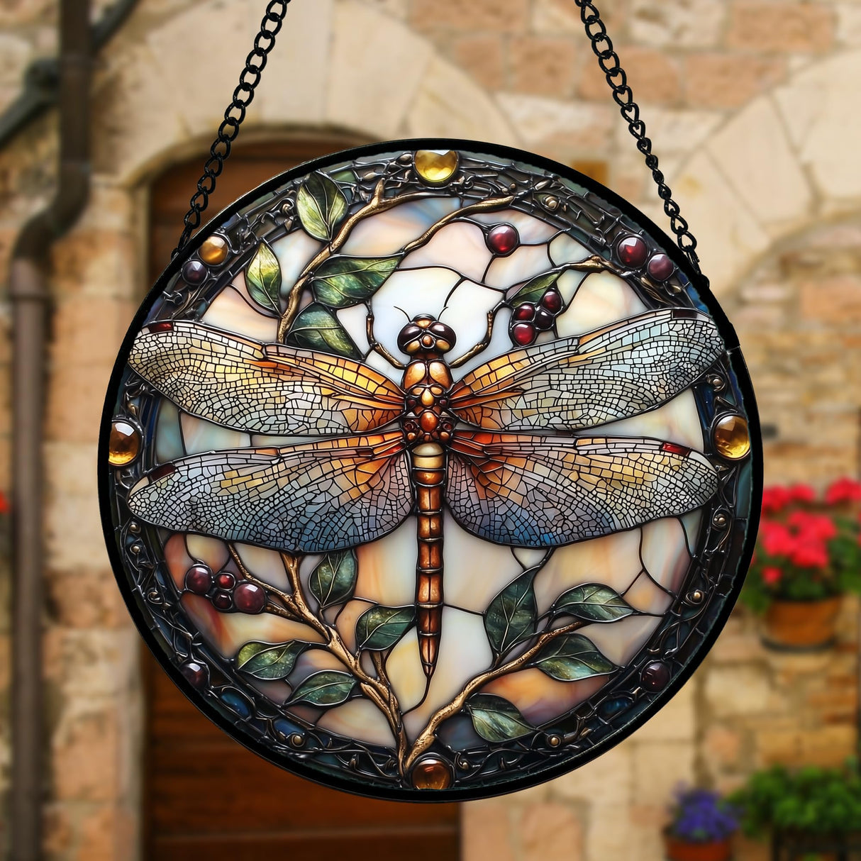 DASTOLL Stained Glass Window Hanging - Dragonfly Plant Suncatcher Ready to Hang Window Doors Home Decoration, Christmas, Mother's Day Birthday Gifts for Women, Men, and Mom 9.8x9.8 in