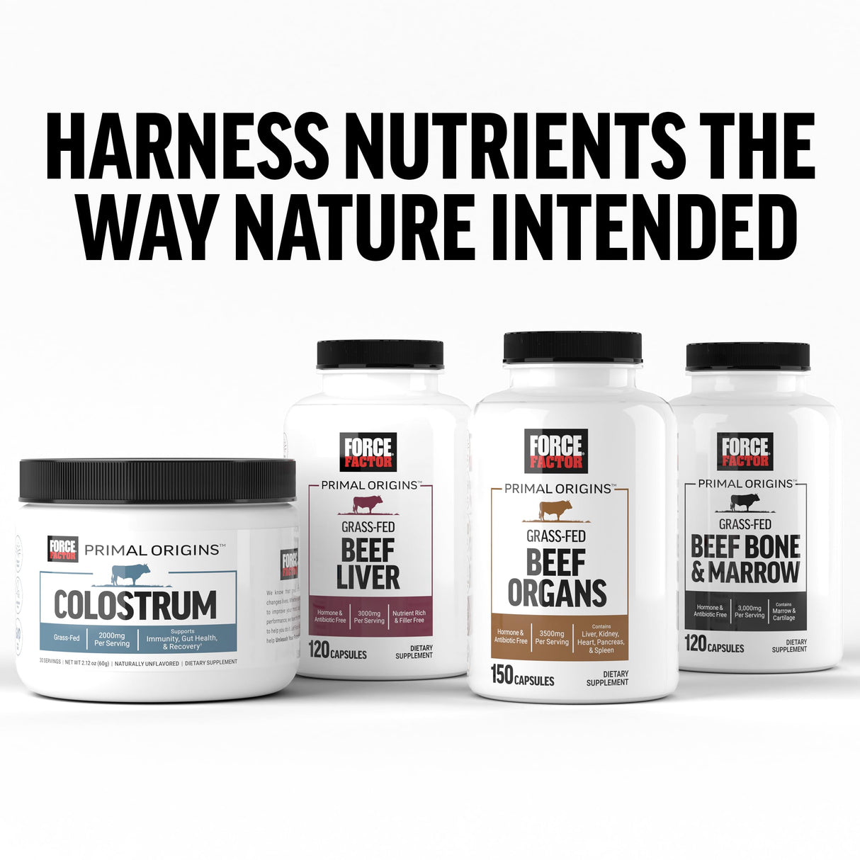 FORCE FACTOR Primal Origins Beef Organ Supplement Made with Pasture-Raised, Grass Fed & Including Beef Liver, Kidney, Heart, Pancreas, & Spleen, Hormone Free, Non-GMO, 150 Capsules