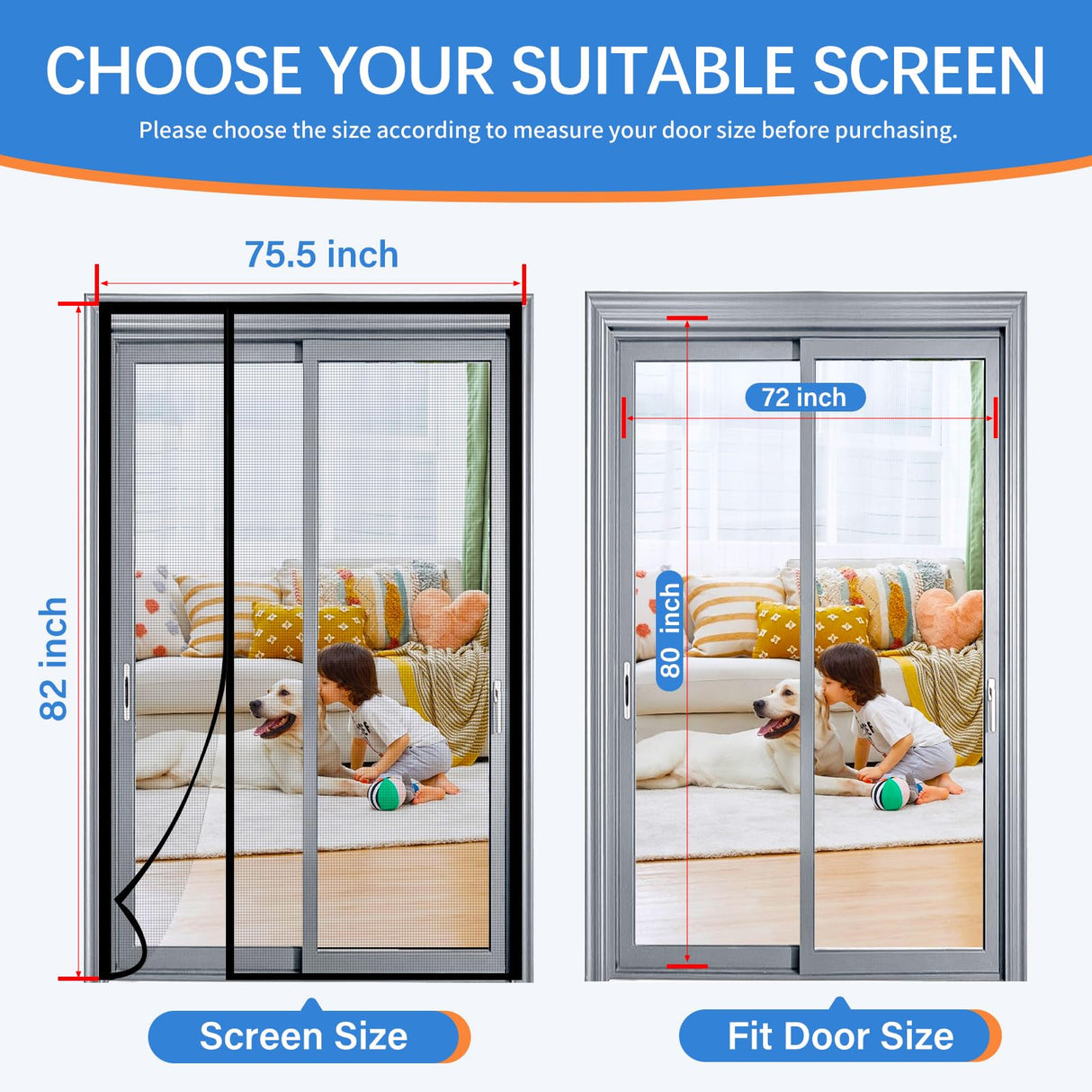 LONGEAS Magnetic Screen Door Mesh Left Right Side Opening Upgraded PET Material Mesh Stronger Than Fiberglass and Polyester,Keep Bugs Out,Pet & Kid Friendly Screen Size 74'' X 82''