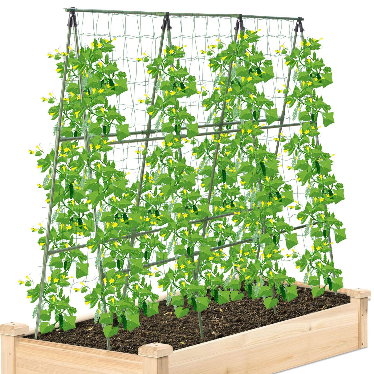 Cucumber Trellis for Raised Bed, 1 Pack 4ft Tall A-Frame, Garden Trellis for Climbing Plants Outdoor, Perfect for Vines, Beans - Green with Netting