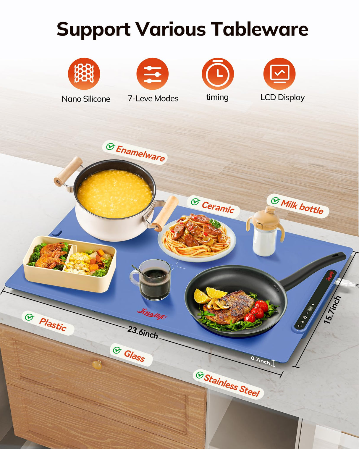 Laudlife Electric Warming Mat for Food, Roll-Up Silicone Heating Pad with 7 Adjustable Tempmaster Levels, Foldable Warming Tray for Countertop,Buffet Party, Kitchen & Home, Child Lock, Dark Bule