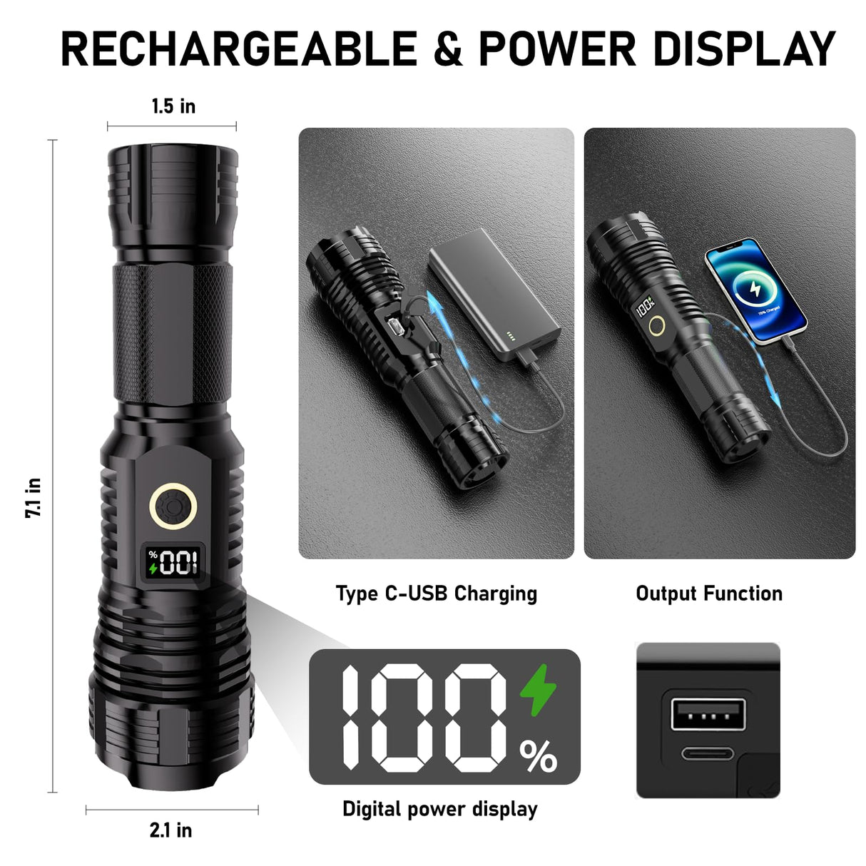Flashlights High Lumens Rechargeable, 100,000LM LED Super Bright Flash Light, Zoomable Linternas with LCD Digital Display, 5 Mode, Waterproof, Powerful Tactical Flashlight for Emergencies Camping Gift