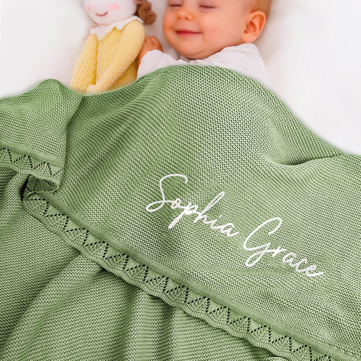 WNNNS Personalized Baby Blanket 100% Cotton Embroidered Name Knit Blanket Custom Baby Blanket for Boys Girls Customized Baby Gift for Christmas Baby Shower for Newborn Toddler Stroller Blanket