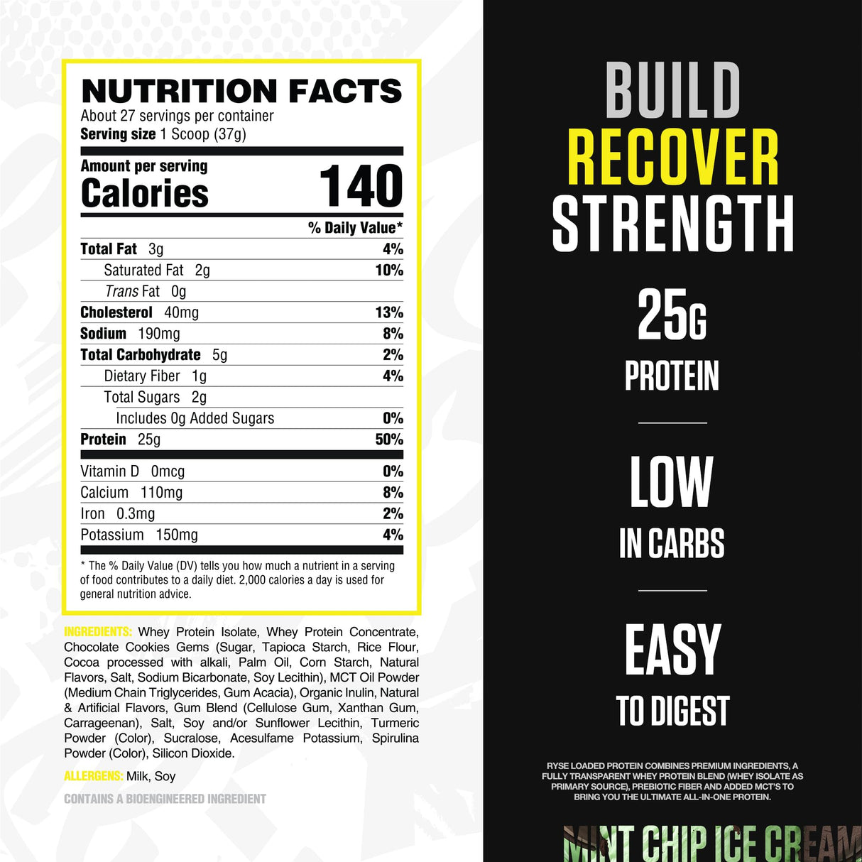 RYSE Loaded Protein Powder - Mint Chip Ice Cream - 25g Whey Protein Isolate & Concentrate with Prebiotic Fiber & MCTs - Low Carb, Low Sugar, Digestive-Friendly - 27 Servings / 2 lb Tub