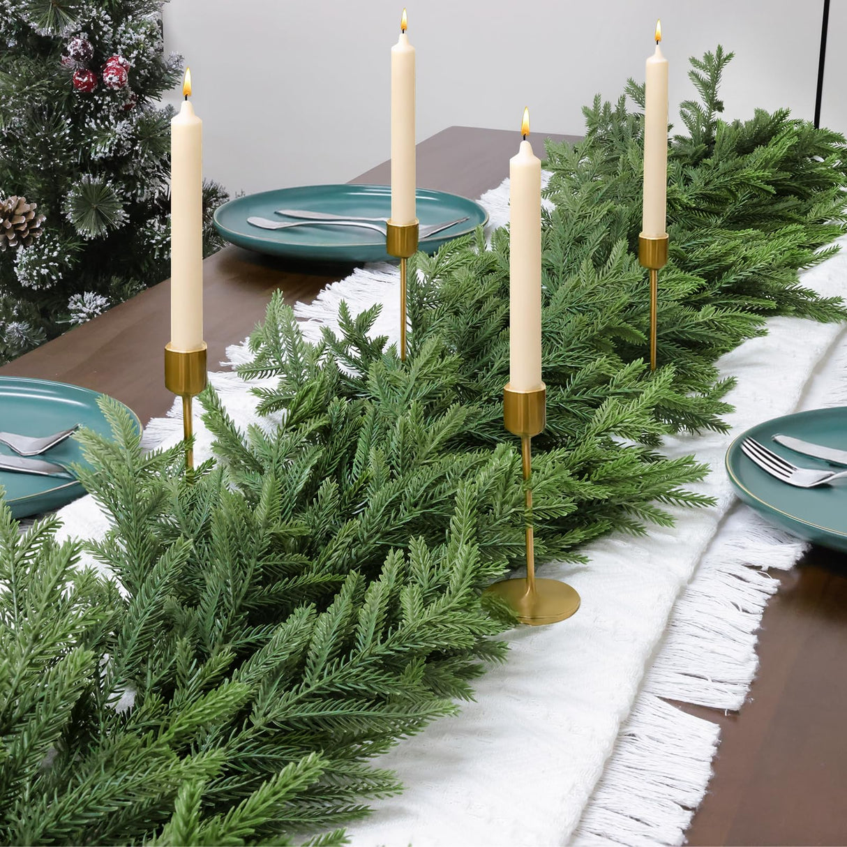 TOWPONICS 12FT(2 * 6FT) Christmas Norfolk Pine Garland, Real Touch Faux Green Garlands, Winter Artificial Greenery Garland for Mantle, Stairs, Table, Fireplace, Indoor & Outdoor Xmas Decorations
