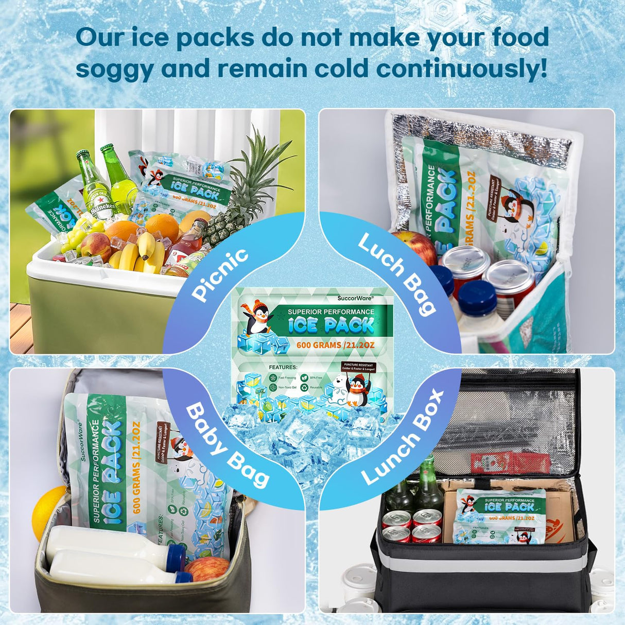 SuccorWare 5 Packs Reusable Ice Packs for Lunch Boxes - 12+ Hour Cooling Ice Gel Pack for Camping, Beach, Office - Ice Packs for Cooler Bag, Cooler Backpacks (600 Grams)
