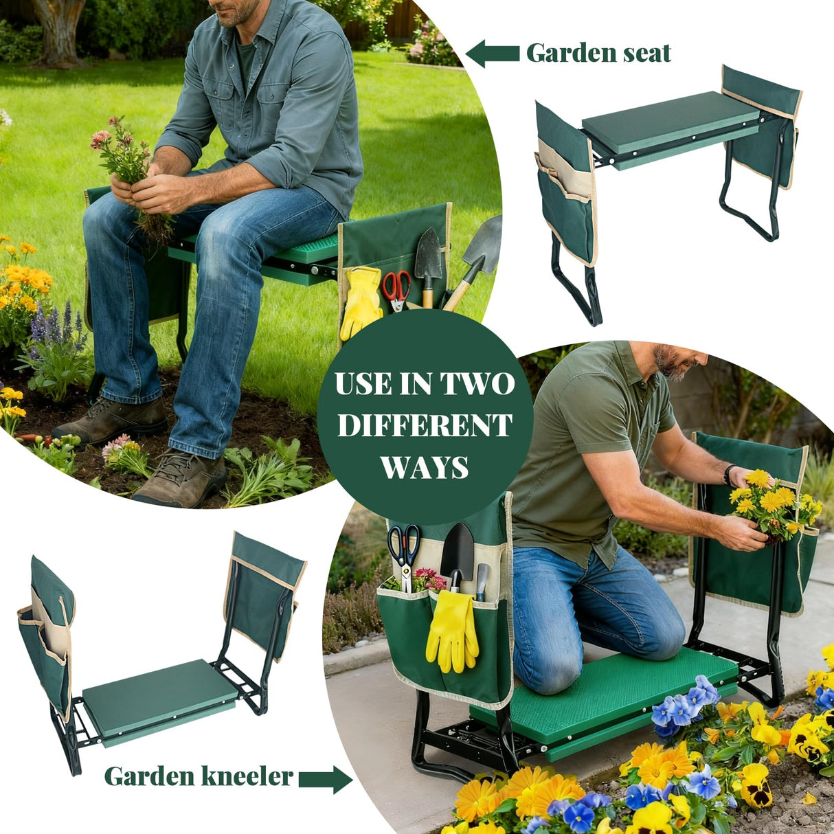 RAIN SPIRIT Garden Kneeler and Seat with Thicken & Widen Soft Kneeling Pad,Heavy Duty Gardening Bench Kneeler and seat Foldable Gardening Stool with 2 Tool Pouches,Gifts for Women, Seniors, Mom & Dad