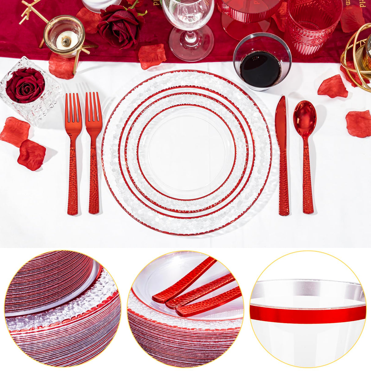 Ciaell 350 PCS Clear and Red Plastic Plates – Red Dinnerware Set for 50 Guests Include 100 Plastic Plates, 50 Pre Rolled Napkins with Cutlery Set, 50 Cups for Wedding & Party & Anniversary & Christmas