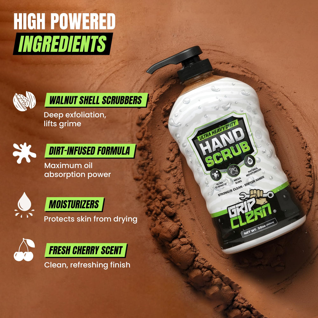Grip Clean Ultra Heavy Duty Hand Cleaner for Mechanics β Walnut Shell & Clay-Infused Technology Removes Grease, Oil & Paint β Pro-Grade Industrial Hand Soap with Cherry Scent - 32 Fl Oz