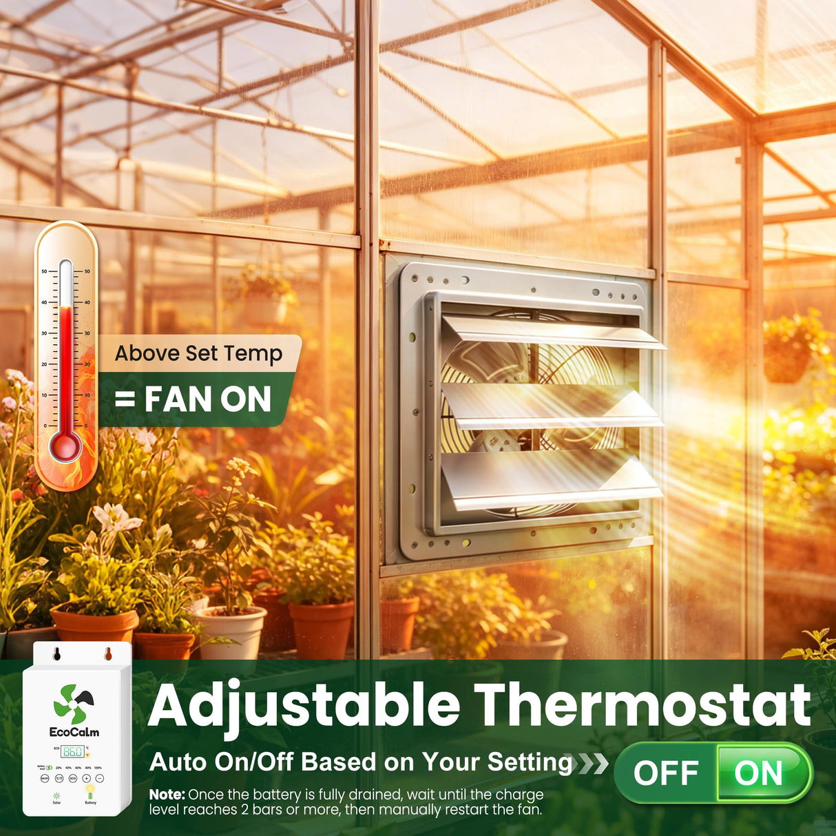 ecoCalm Solar Exhaust Fan 12“ for Greenhouse with Smart Thermostat, Battery