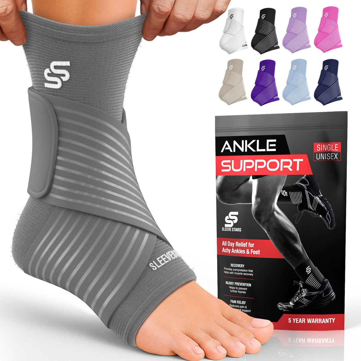 Sleeve Stars Ankle Brace for Women & Men, Ankle Wrap for Sprained, Compression Sleeve for Plantar Fasciitis Relief, Easy Customizable Support: w/ Removable Strap (Single/M:10"-12"/Gray)