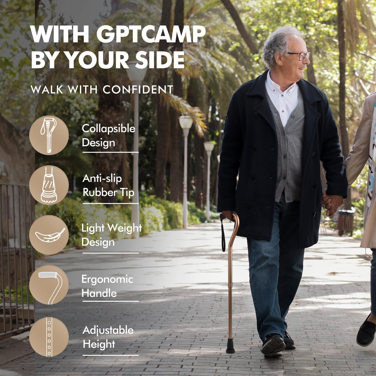 GPTCAMP Walking Cane and Walking Stick for Men Women,Lightweight Folding Canes with Offset Soft CushionedHandle,Adjustable&Collapsible,Mobility & Leg Surgery Recovery(Brown)