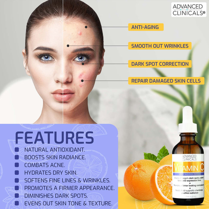 Advanced Clinicals Vitamin C Body Lotion + Potent Vitamin C Serum 2pc Bundle | Face Serum & Body Cream Brightening Skin Care Set & Kits For Wrinkles, Dark Spots, Dry Skin, & Uneven Skin Tone, 2-Pack
