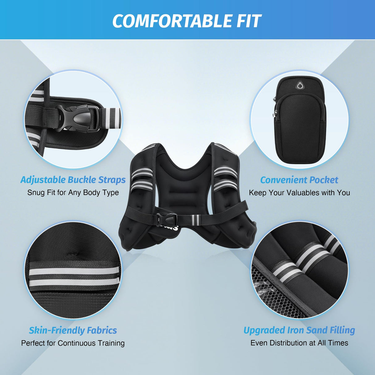 ZELUS Weighted Vest, 6lb - Weight Vest with Reflective Stripe for Workout, Strength Training, Running, Fitness, Muscle Building, Weight Loss, Weightlifting, Black(6 lb)