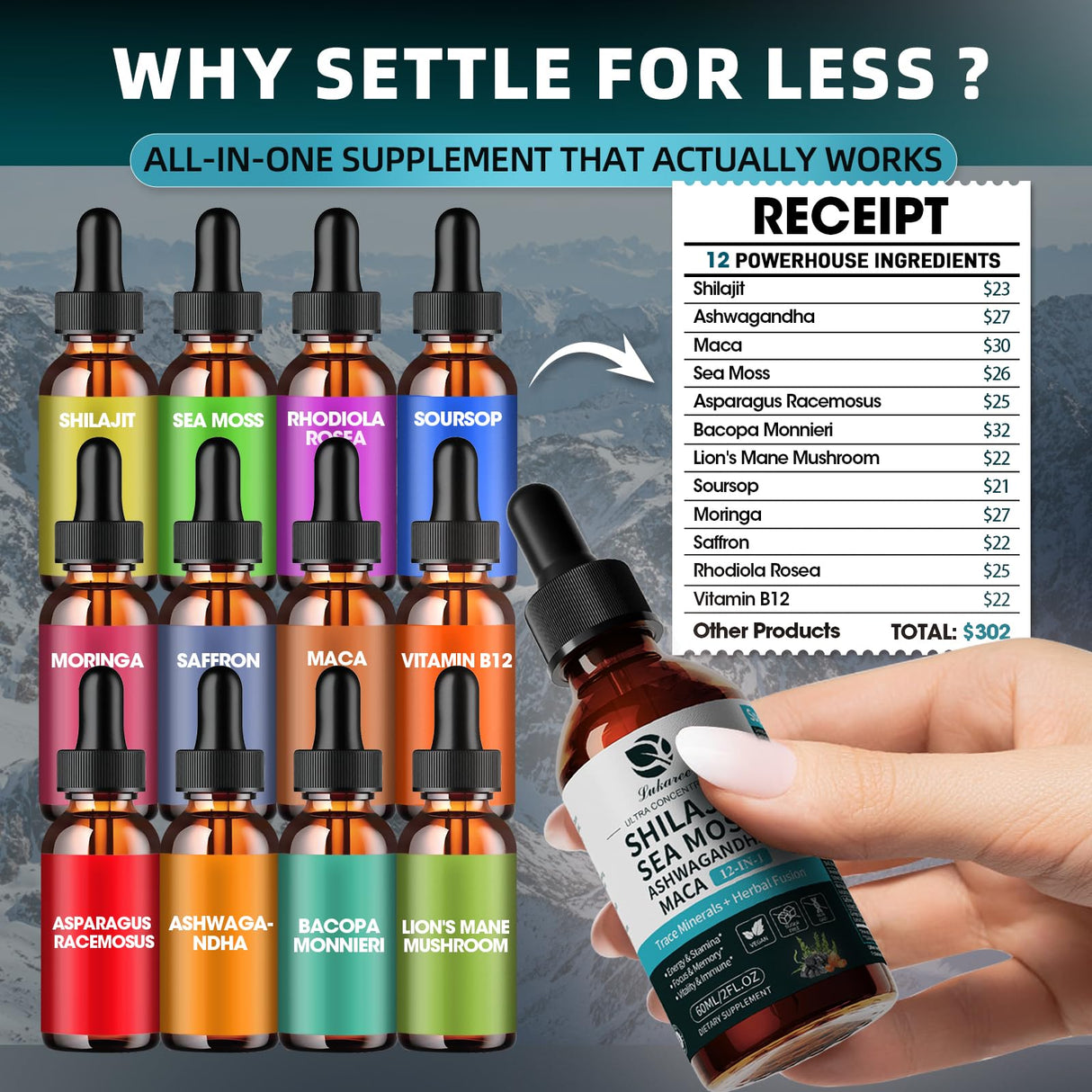 Shilajit Liquid Drops, 12-in-1 Complex - Sea Moss, Ashwagandha, Maca, Fulvic Acid, Trace Minerals, Liquid Vitamins Supplement for Men and Women, Energy, Antioxidant, Immune Support, 60ML/2 FL Oz