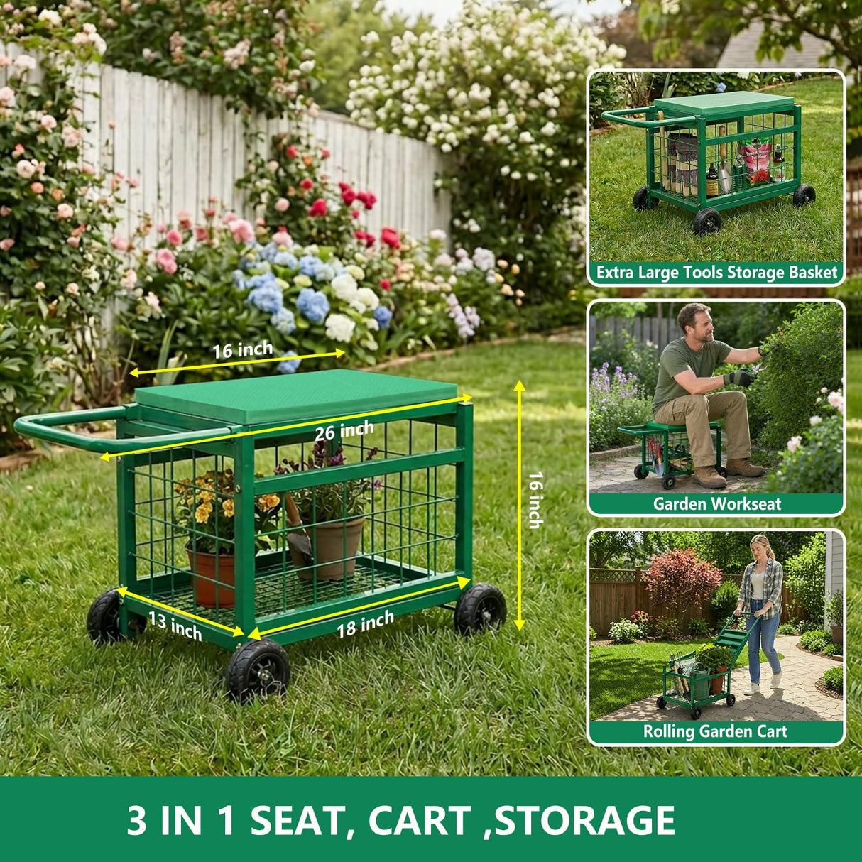Garden Seat with Wheels, Rolling Garden Stool Heavy Duty Gardening Cart with Seat and 20 Quart Storage Space Use for Patio, Yard, and Outdoors