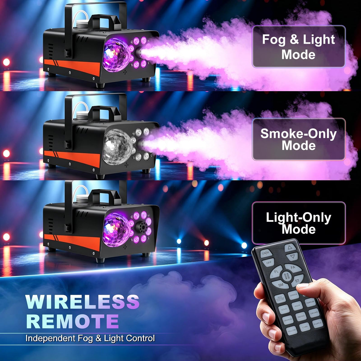 Dashsafe 800W Fog Machine, 4500CFM for Halloween, Disco Light & Remote