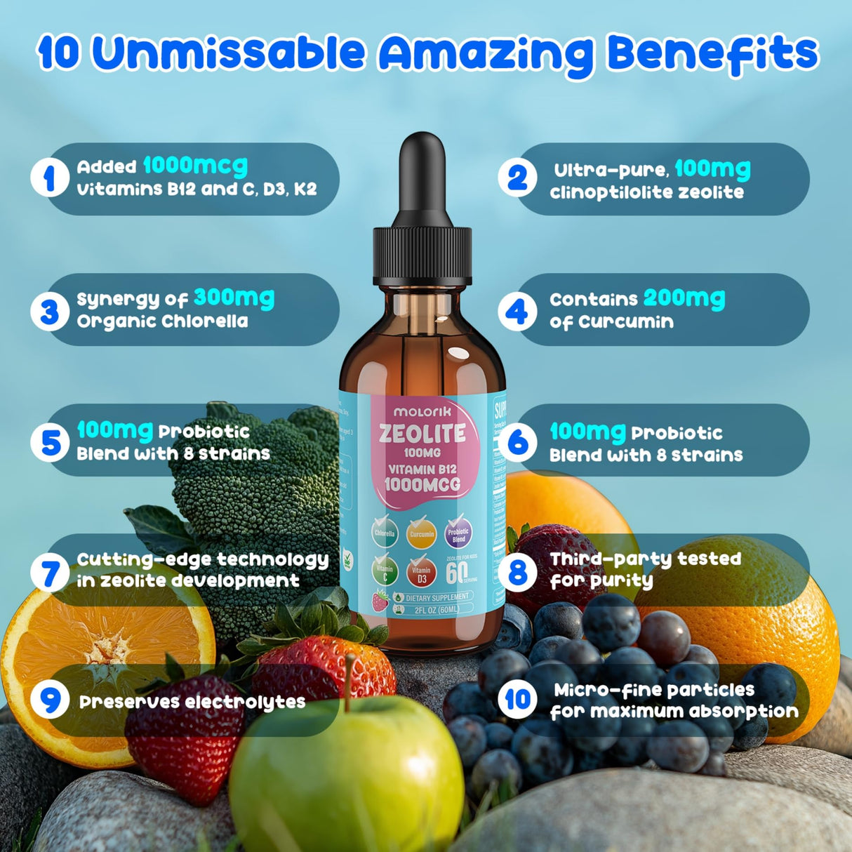 Zeolite Detox for Kids & Adults, Zeolite Liquid Drops with 300mg Chlorella, 200mg Curcumin, Multivitamin and Probiotic for Speech & Brain Health, Immune, Digestive, Energy, Berry Flavor, 60 Servings