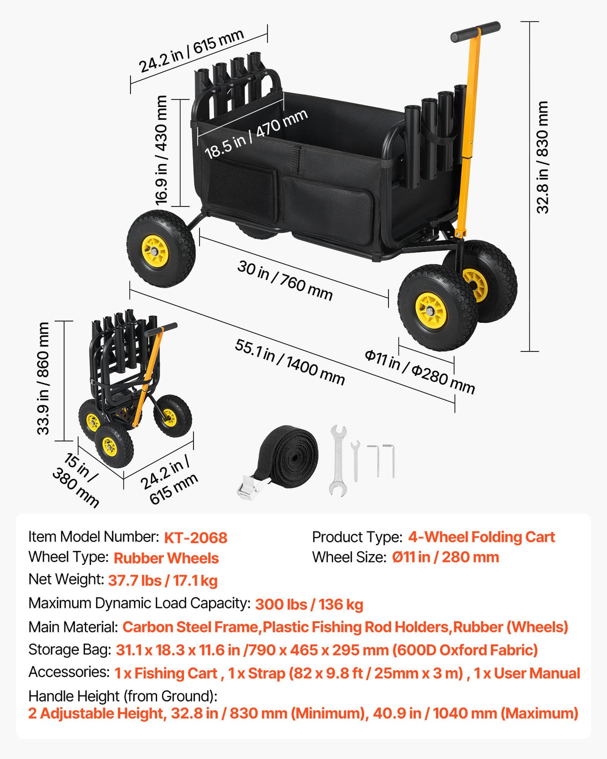 VEVOR Beach Fishing Cart, 300 lbs Load Capacity, Foldable Fishing Cart with Heavy-Duty Carbon Steel Frame, 11-Inch All-Terrain Tires, 8 Rod Holders, Strap, Easy to Clean, for Outdoor Camping Picnic