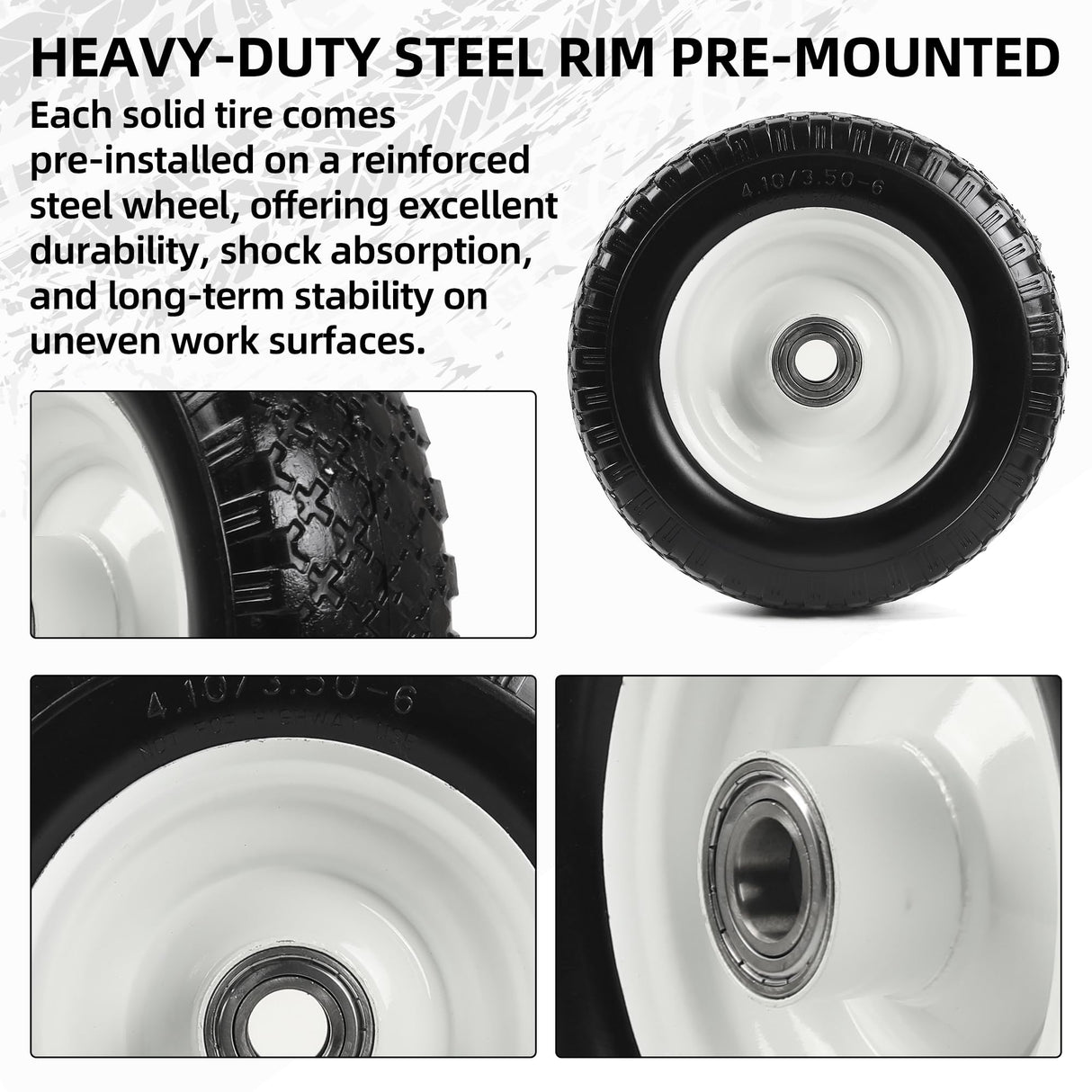 AR-PRO (2-Pack) 12" Flat-Free Solid Tire and Wheel, with 3-3/4" Centered Hub & 1" Bore, Fits 25mm Axle Shaft, Replacement Heavy-Duty Trailer Dolly & Utility Cart Wheel Set