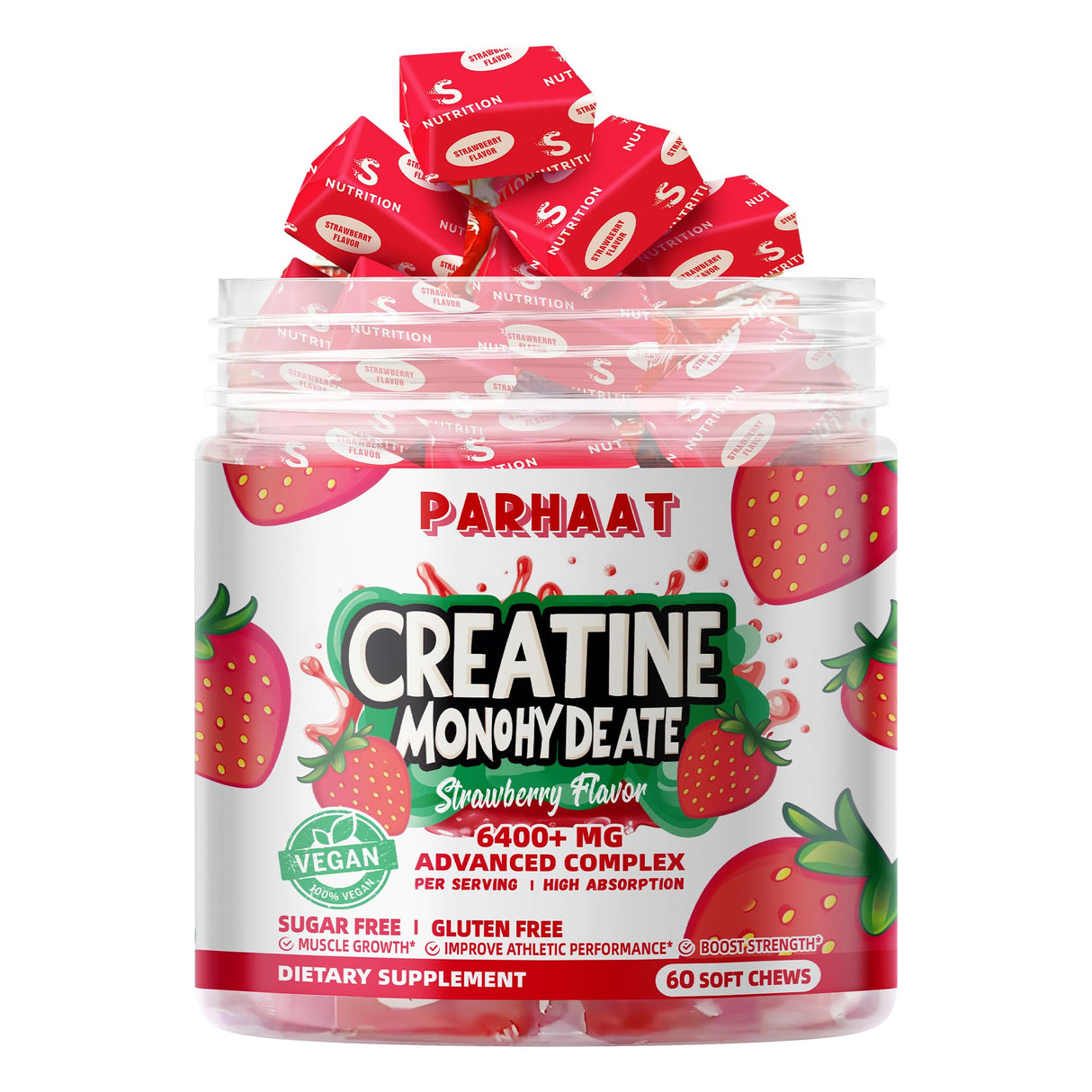 Creatine Monohydrate Chews Complex 6400mg for Men & Women -Advanced Formula W/L-Taurine + Vitamin B12, Sugar Free Chewable Supplement,60 Strawberry Softchews