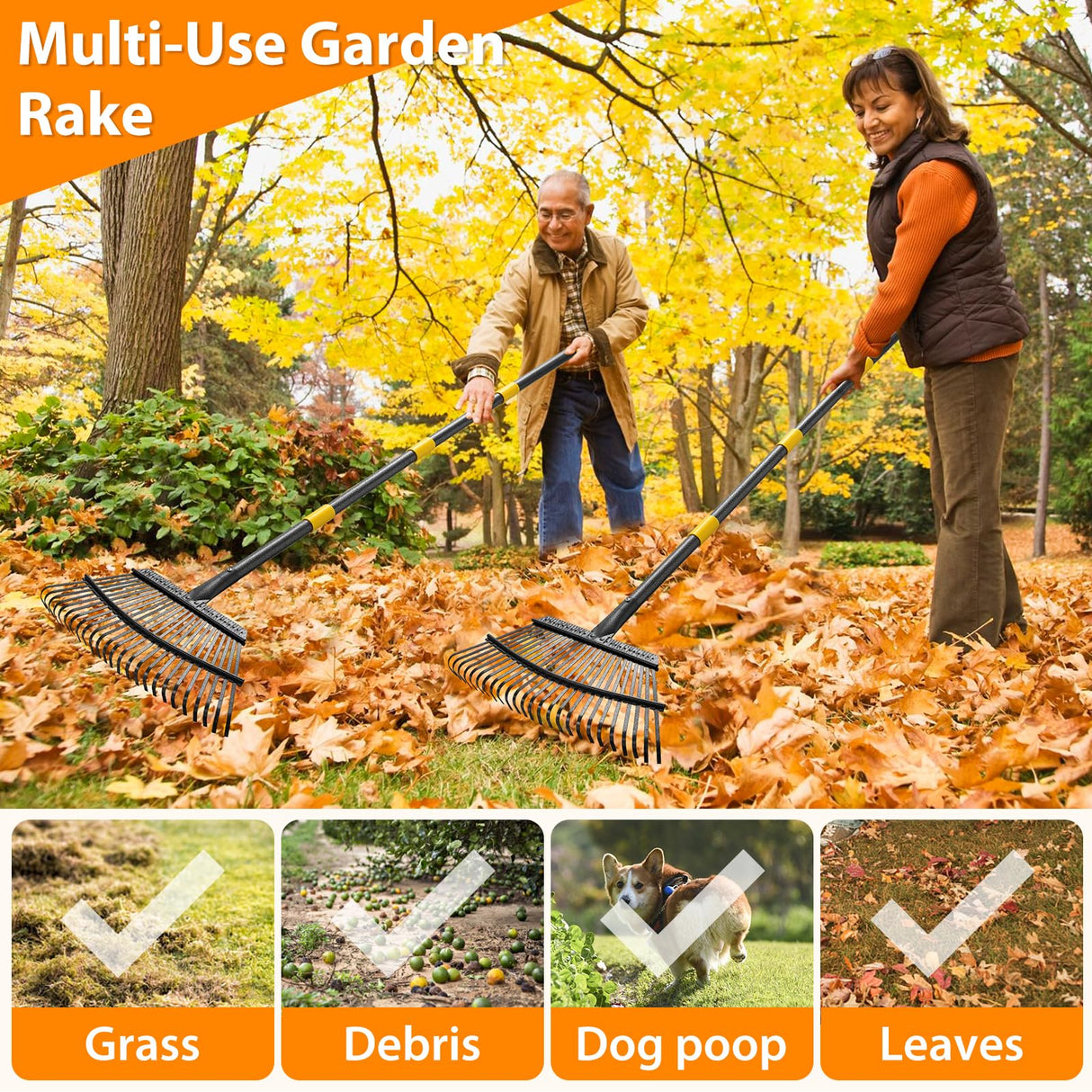 Rake, Garden Rake for Leaves, Heavy Duty Metal Leaf Rakes with 37-65 inch Adjustable Steel Handle, 25 Tines 18" Wide Rake Garden Tools for Lawns Yard Flower Bed Grass Mulch Shrub Camping Gardening