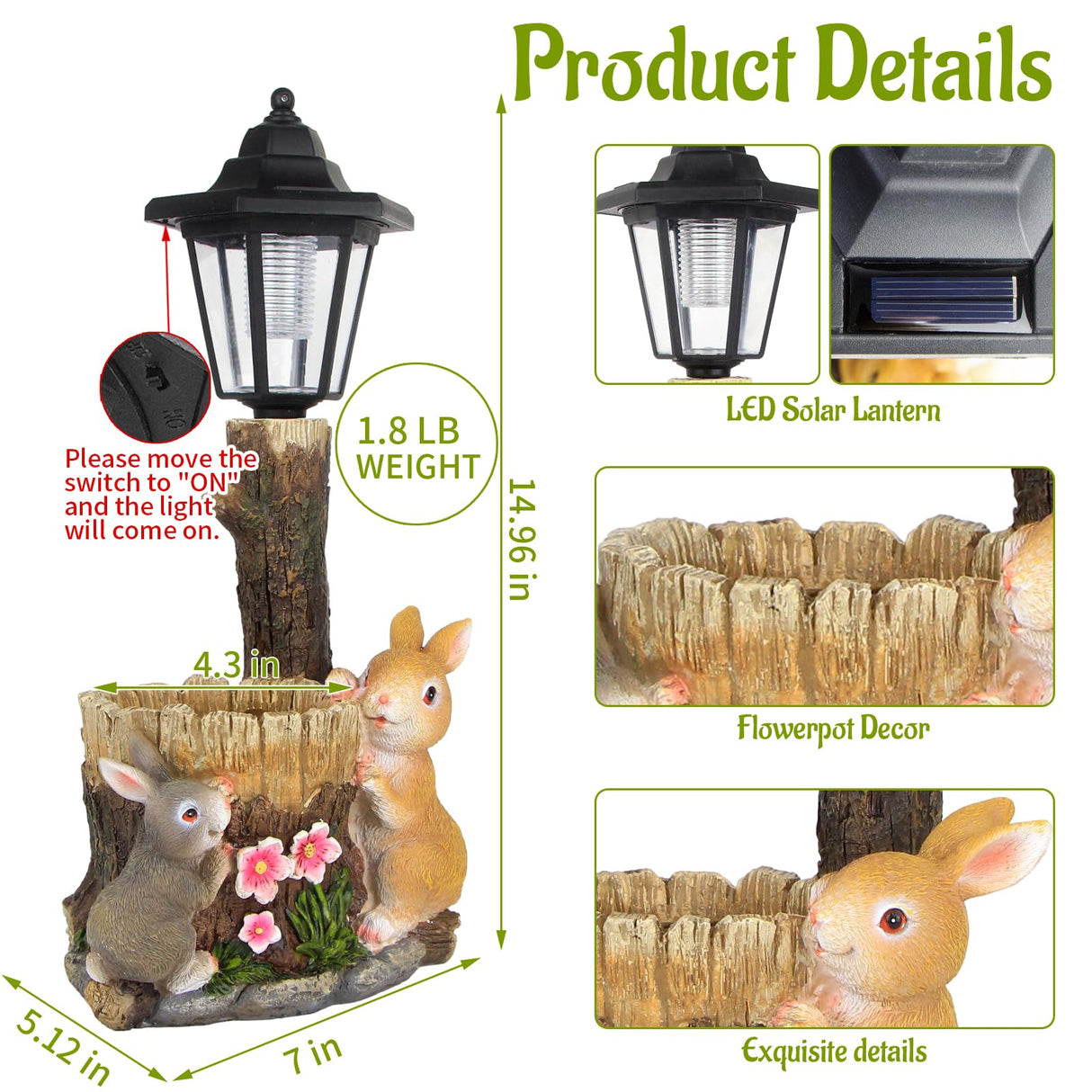 YEPOTUE Solar Bunny Garden Stalue Outdoor, Rabbits Figurine Flowerpot Decolwith Solar Lantem for Yard Art Lawn Ornaments Porch Patio Balcony - Gardening Gifts for Women Mom
