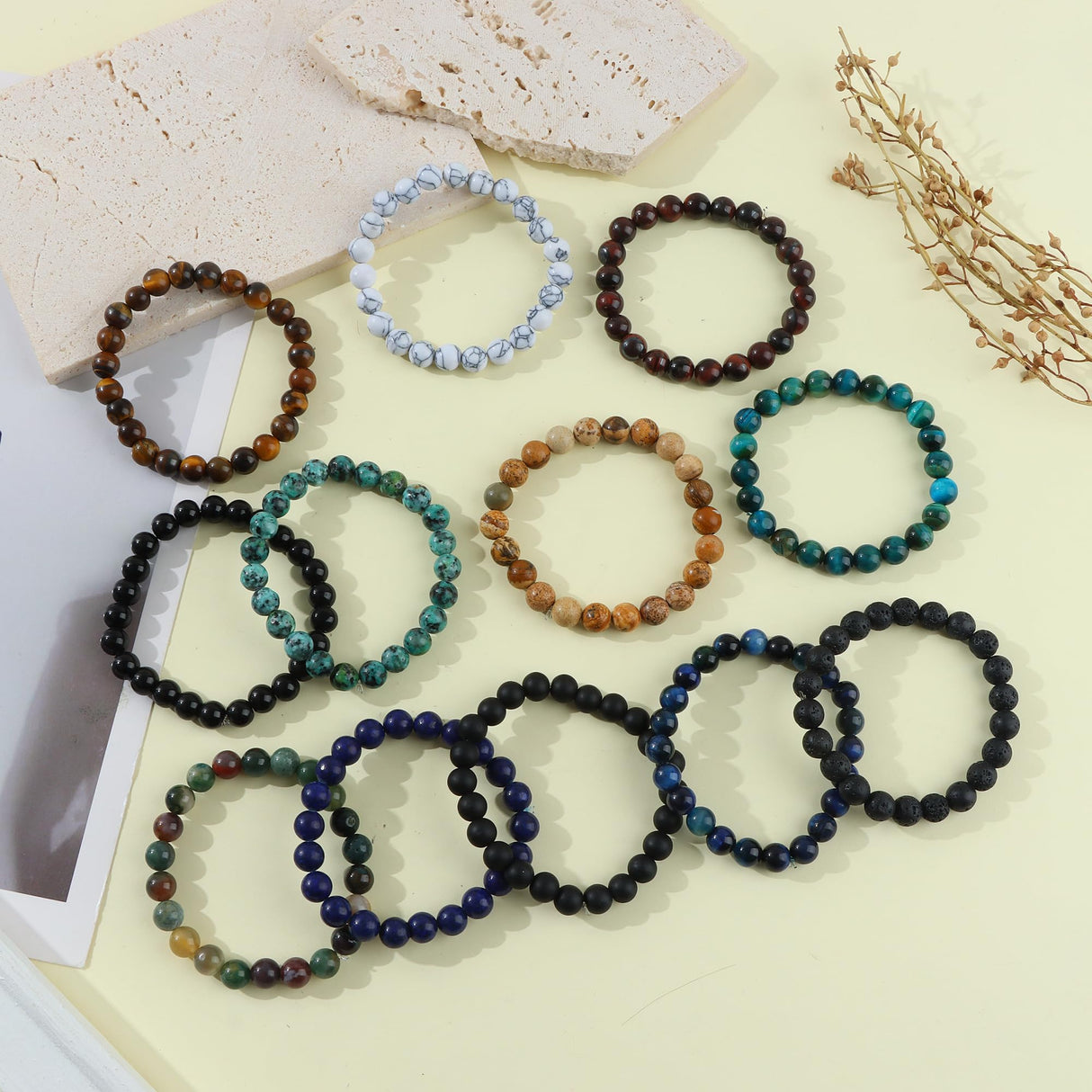 FIRAZIO 12Pcs 8mm Gemstones Beaded Stretch Bracelet for Women