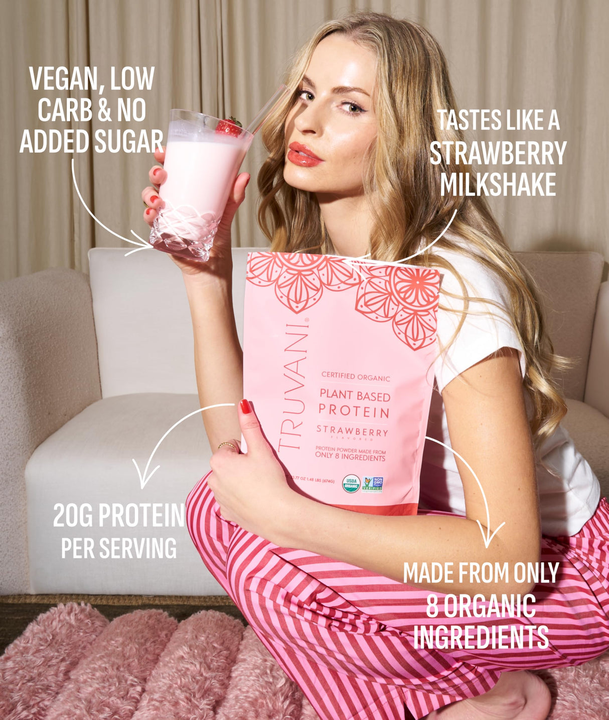 Truvani Vegan Pea Protein Powder | Strawberry | 20g Organic Plant Based Protein | 10 Servings | Keto | Gluten & Dairy Free | Low Carb | No Added Sugar
