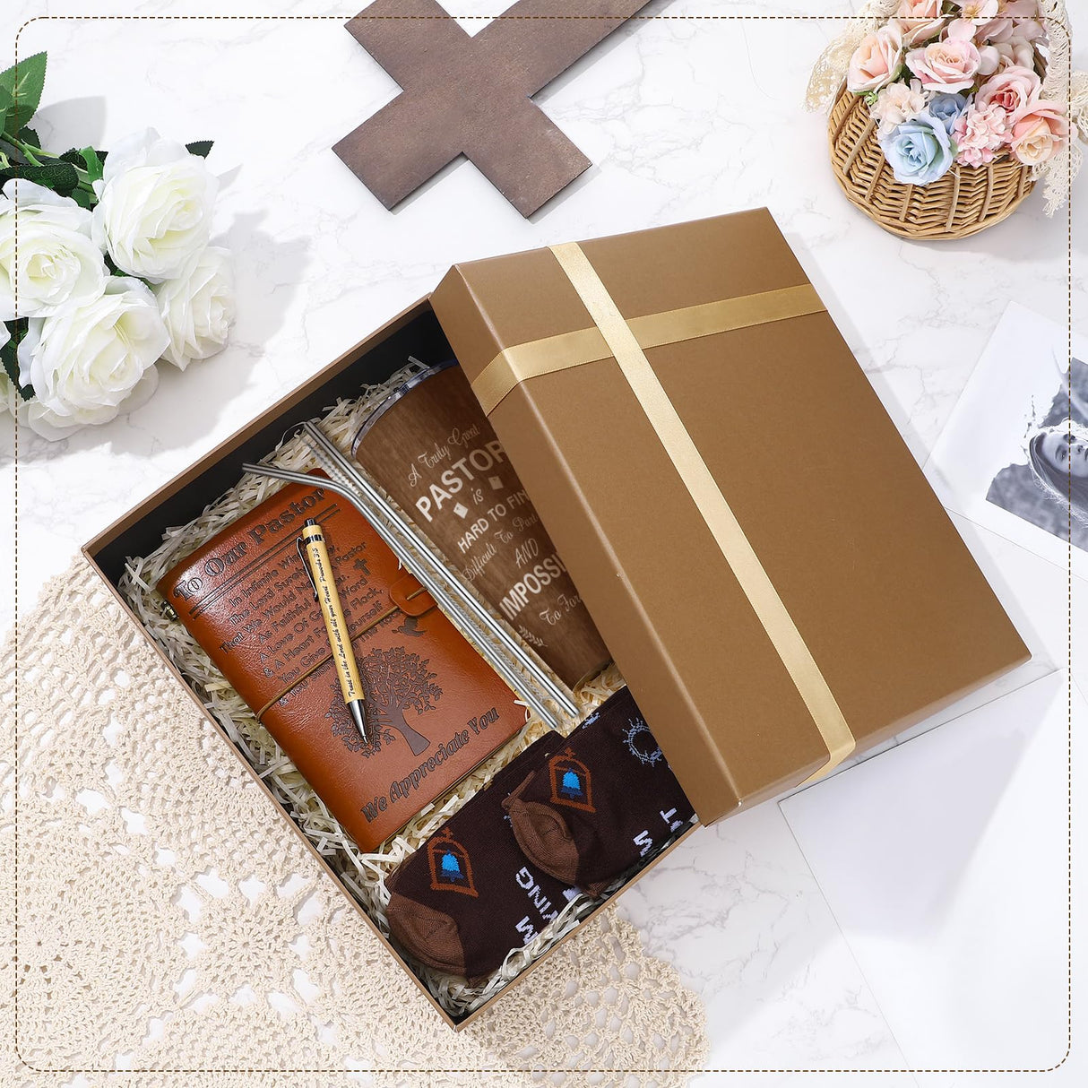 Skylety 4 Pcs Christmas Pastor Appreciation Gifts Set Pastor Refillable Journal Ordained Minister 20 oz Stainless Steel Cup Priest Socks Clergy Pen for Christmas Church Birthday Gifts