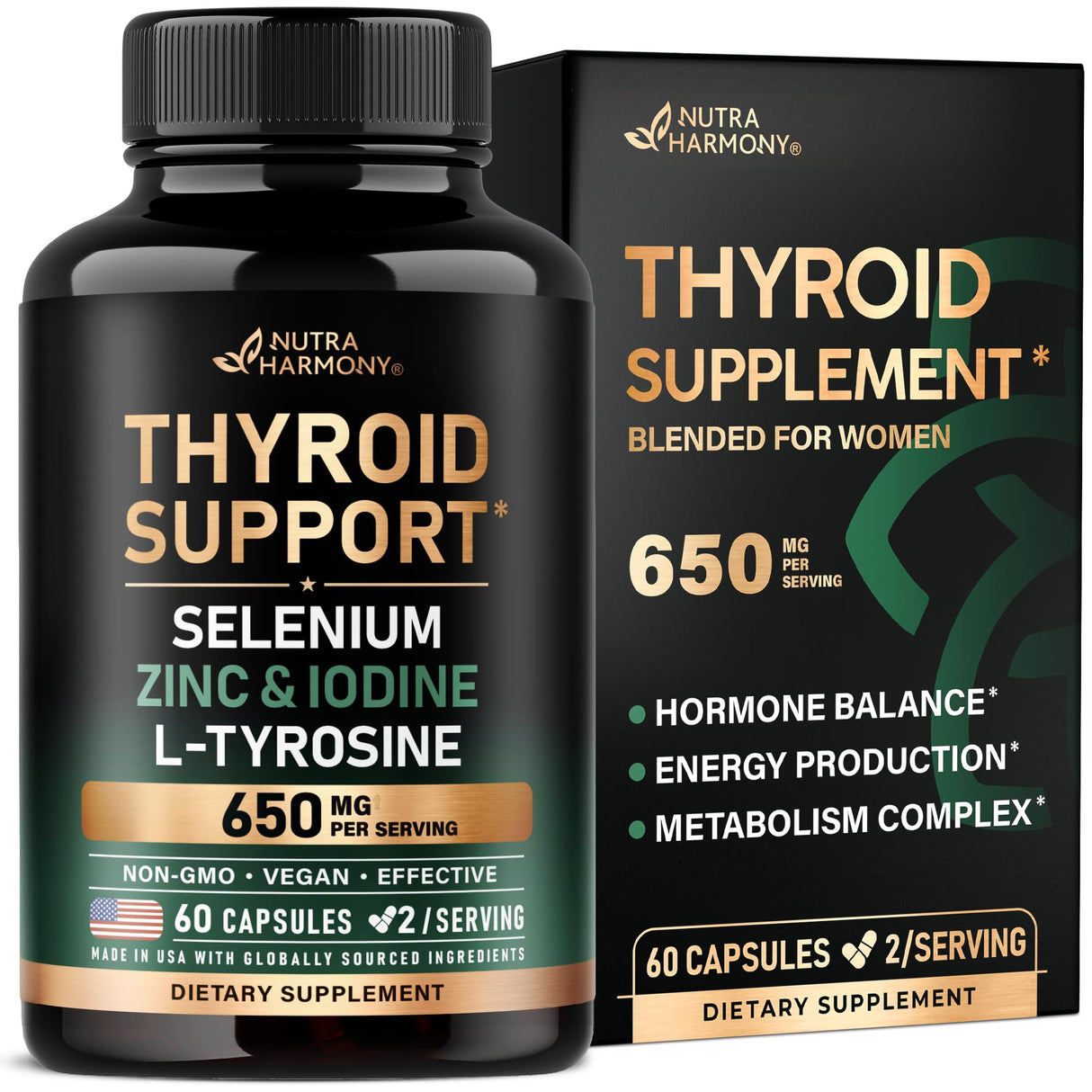 Thyroid Support for Women - Astragalus | Selenium 200 mcg | Zinc & Iodine | L-Tyrosine | Adaptogen Herbs - 21-in-1 Antioxidant & Immune Support - Vegan, Non-GMO, Lab Tested - 60 Capsules, Made in USA
