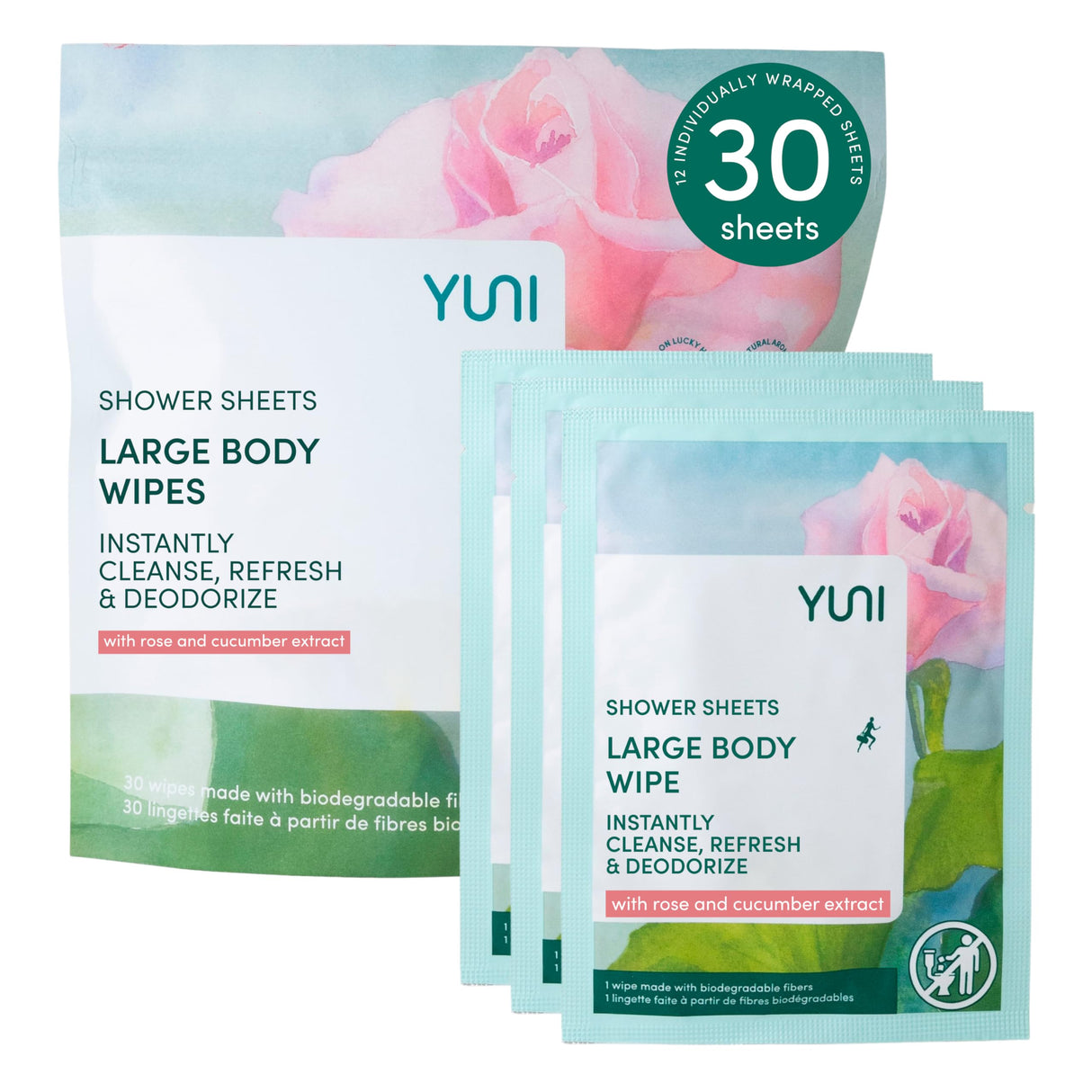 YUNI Beauty Large Body Wipes - Rose Cucumber, 30 Count - Moist Showerless Wipes, Cleanse & Deodorize, On-the-Go Waterless Body Cleanser, Individually Wrapped Body Wipes for Camping, Travel & Gym