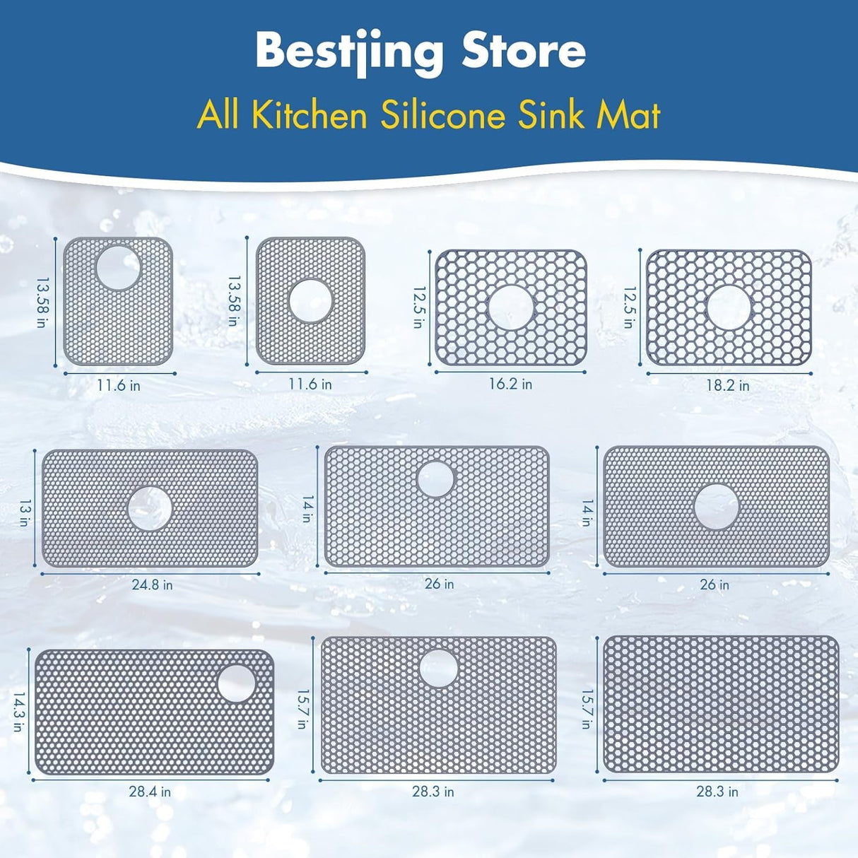 Bestjing Silicone Sink Protectors for Kitchen Sink with Rear Drain - 26"x 14" Kitchen Protector Accessory, Non-Slip Heat Resistant Grid Mat for Bottom of Farmhous Peorcelain Stainless Steel(Rear Hole)