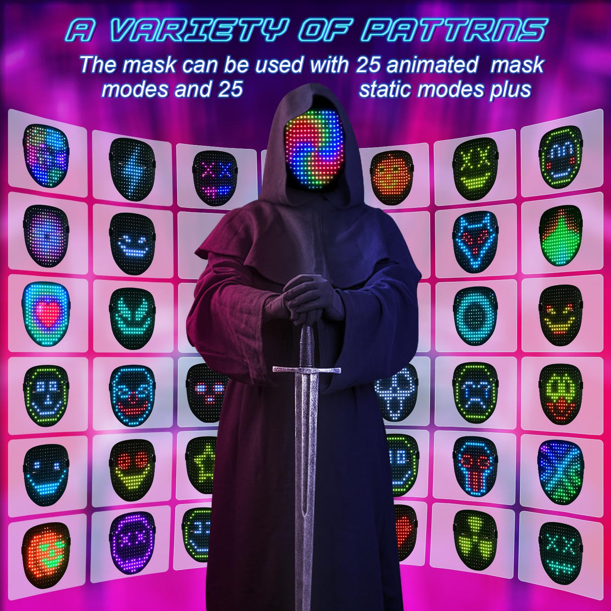 AIGLUN LED Face Transforming Mask with Gesture Control Fun - Cool stuff Halloween Cosplay and Christmas Parties