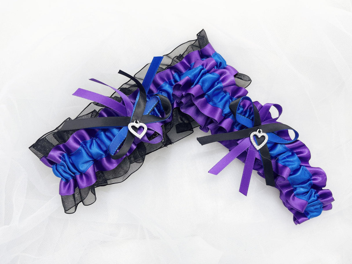 UnderYours Lace Wedding Garters for Bride, Royal Blue Purple Black leg Garter Set with Charm for Wedding Prom(Purple)