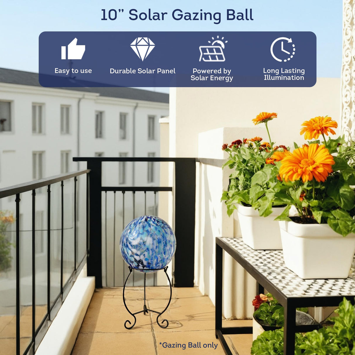 Lily's Home Gazing Ball - 10" Glass Globe with Solar Powered Lights - Outdoor Solar Lights for Yard & Patio - Garden Decor - Automatic On/Off Photosensitive Switch - Battery Included - Blue