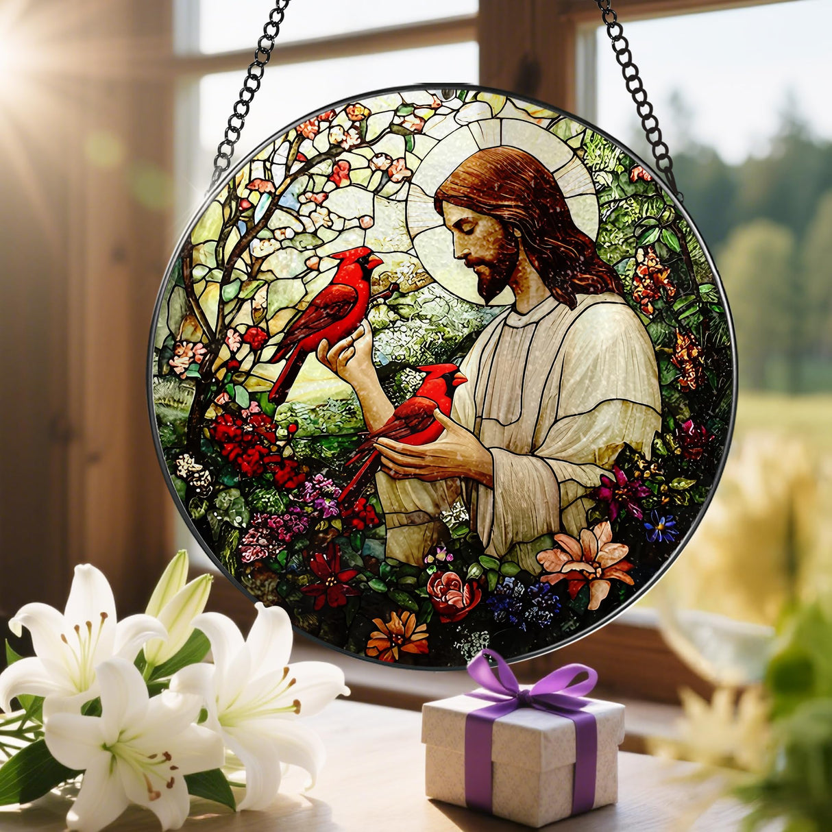 8-Inch Jesus with Cardinals Suncatcher Ornament, Stained Glass Window Hanging & Religious Christmas Ornament, Christian Window Decor ā Memorial Gift, Christian Gifts for Her, Religious Gifts