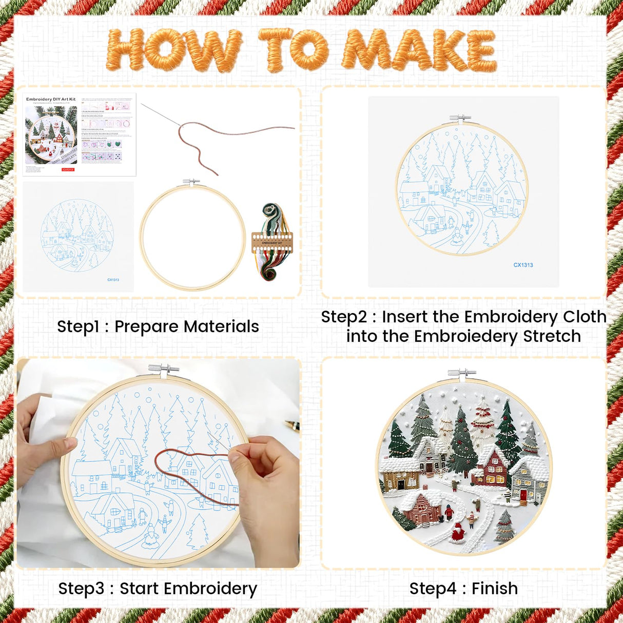 Christmas Embroidery Kit for Adults & Beginners - Gnomes & Cross Stitch Patterns, Cotton, Threads, Needles & Instructions (4 Pcs)
