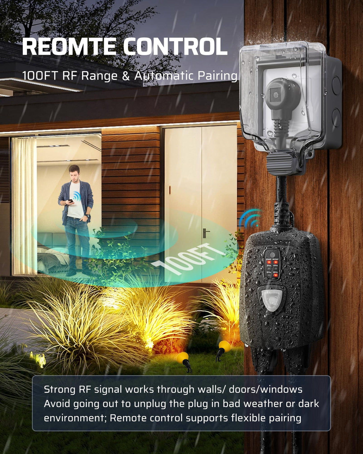 DEWENWILS Outdoor Timer Outlet Waterproof with 11 Modes, Outdoor Light Timer, 100FT Remote Control, for Outdoor Lights, Pump, Sprinkler, Fountain, Black