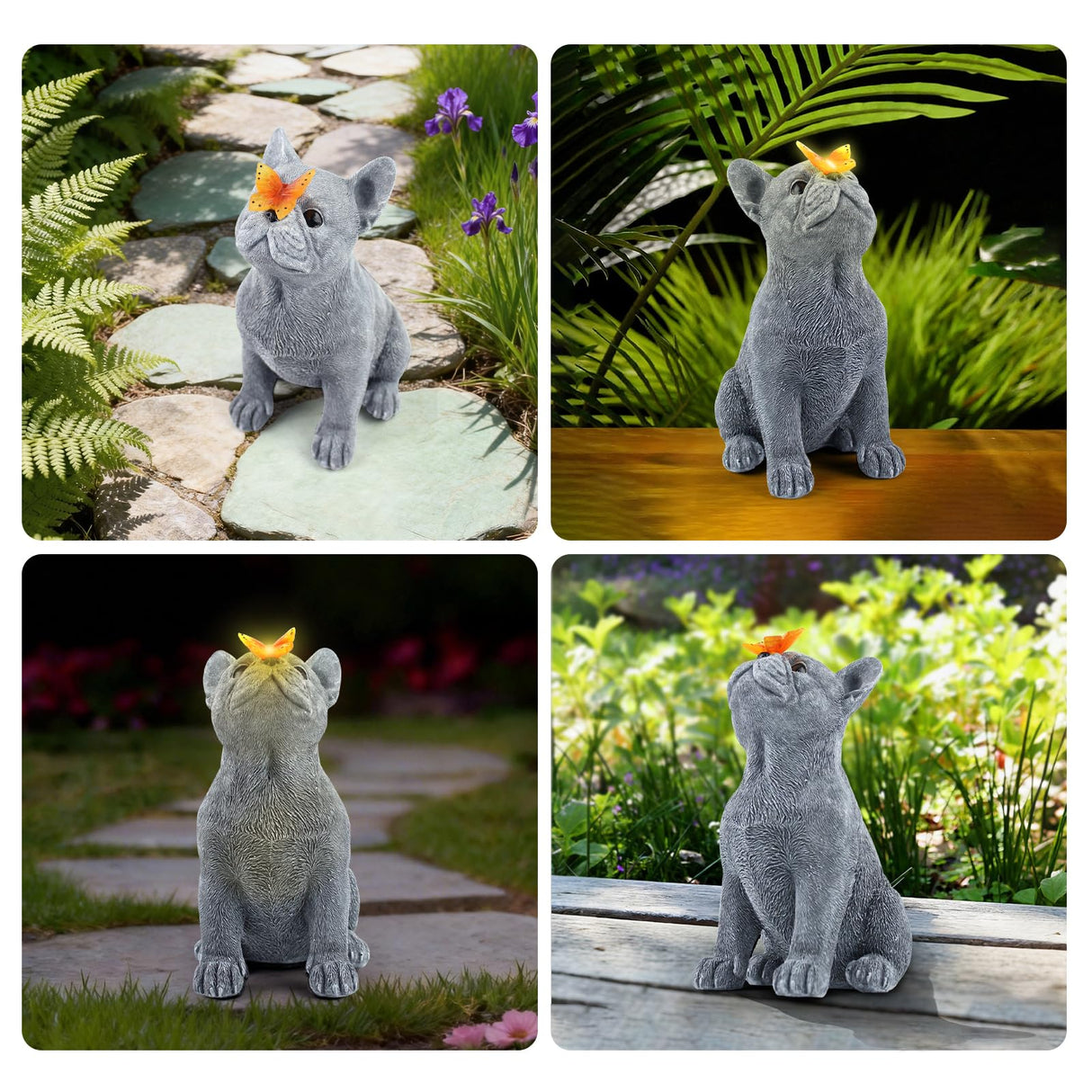 CIYSHO Dog Statue with Solar Butterfly, Cute French Bulldog Garden Statue Outdoor Decor for Outside Yard Lawn Patio Porch, Resin Garden Art Home Decorations Figurine, Dog Lovers Gifts for Women Mom