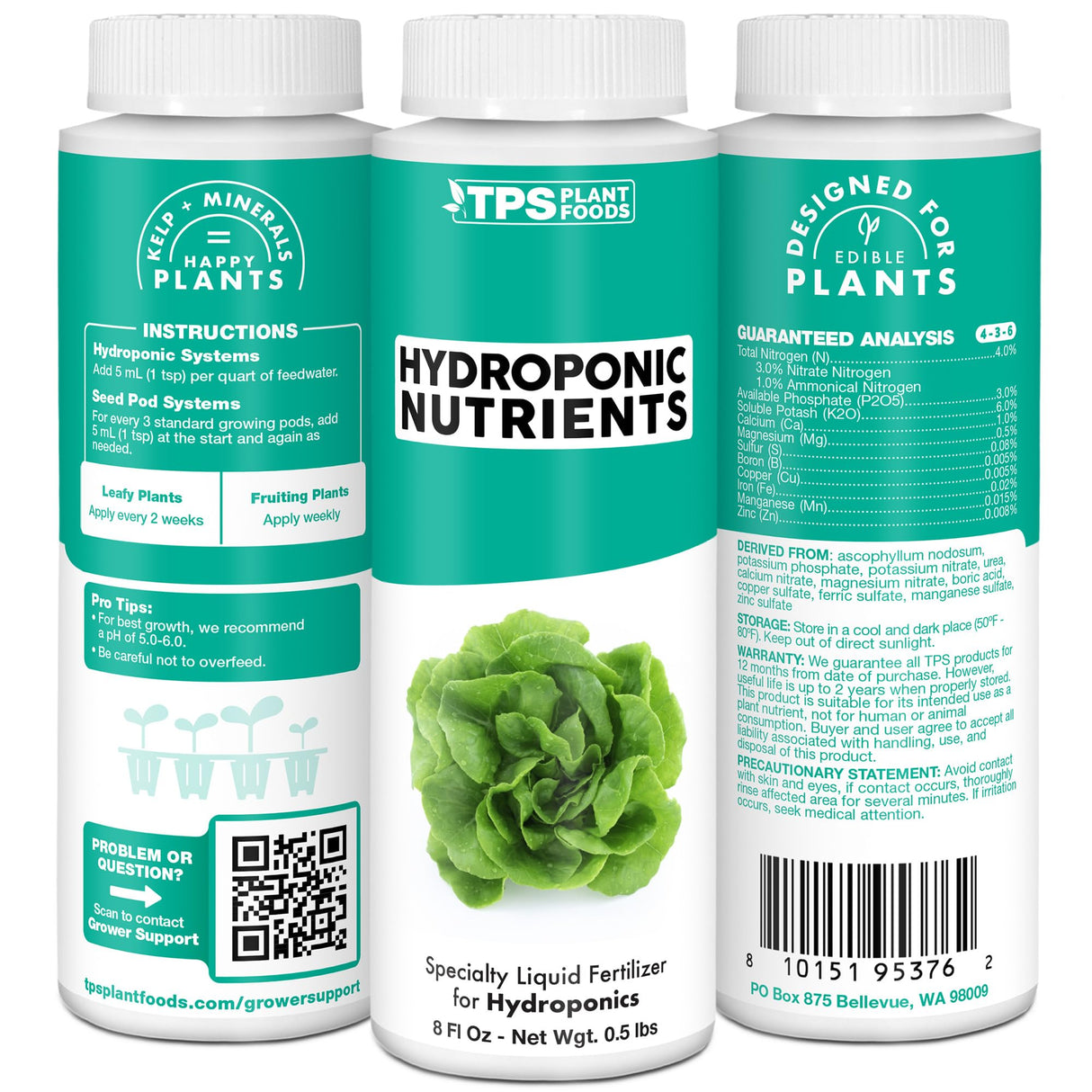 Hydroponic Nutrients for Edible Plants, One Part Complete Liquid Plant Food for Hydroponic Systems, 32 oz (1 Quart)