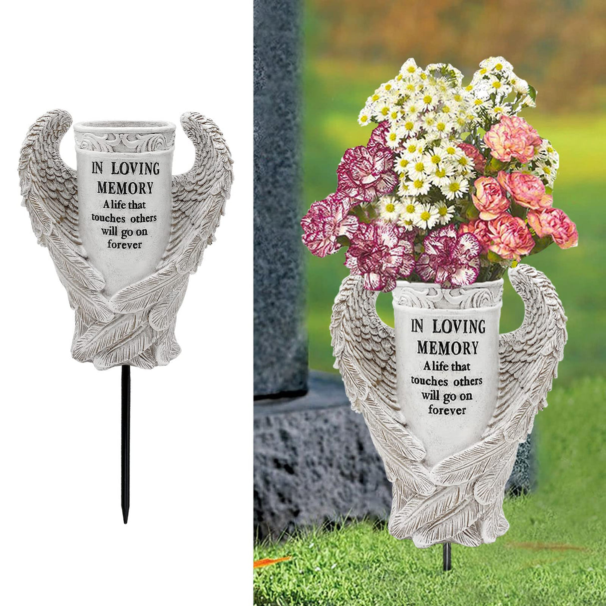 BAYN Grave Decorations for Cemetery, Angel Wings Vases with Spikes for Garden Decorations Waterproof Garden Statues Memorial Gifts for Loss of Loved One
