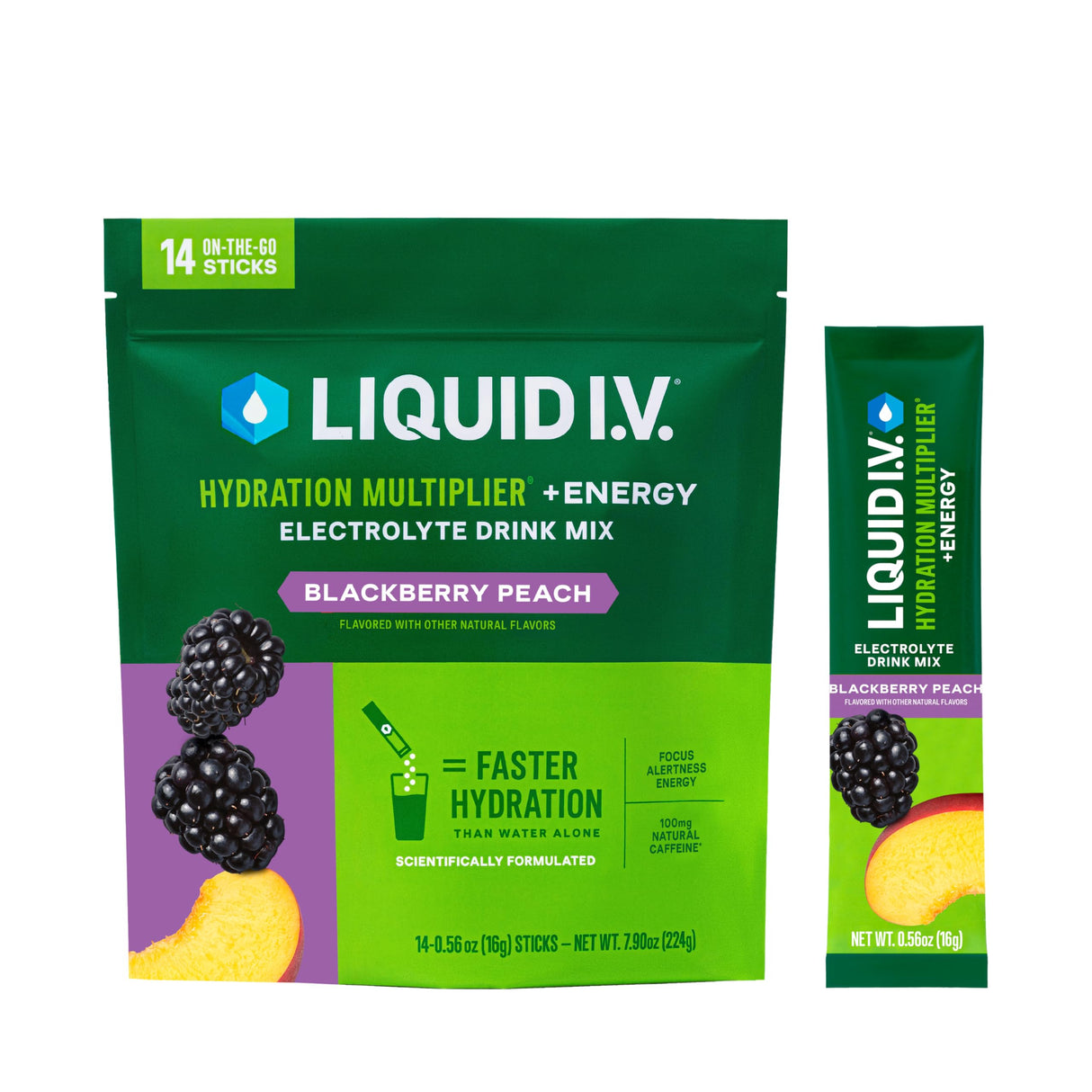 Liquid I.V.® Hydration Multiplier +Energy | Blackberry-Peach | Electrolyte Powder Drink Mix | 1 Pack (14 Servings)