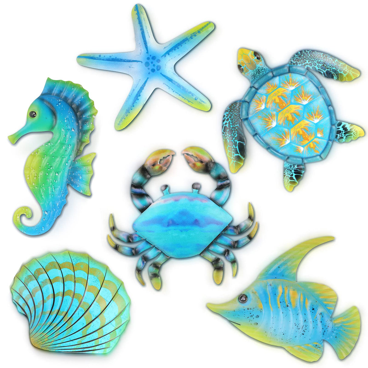Lounsweer 6 Pcs Metal Fish Wall Art Decor, Ocean Sea Turtle Starfish Wall Sculpture Outdoor Ocean Hanging Decorations for Garden, Pool, Fence, Patio, Bathroom Indoor