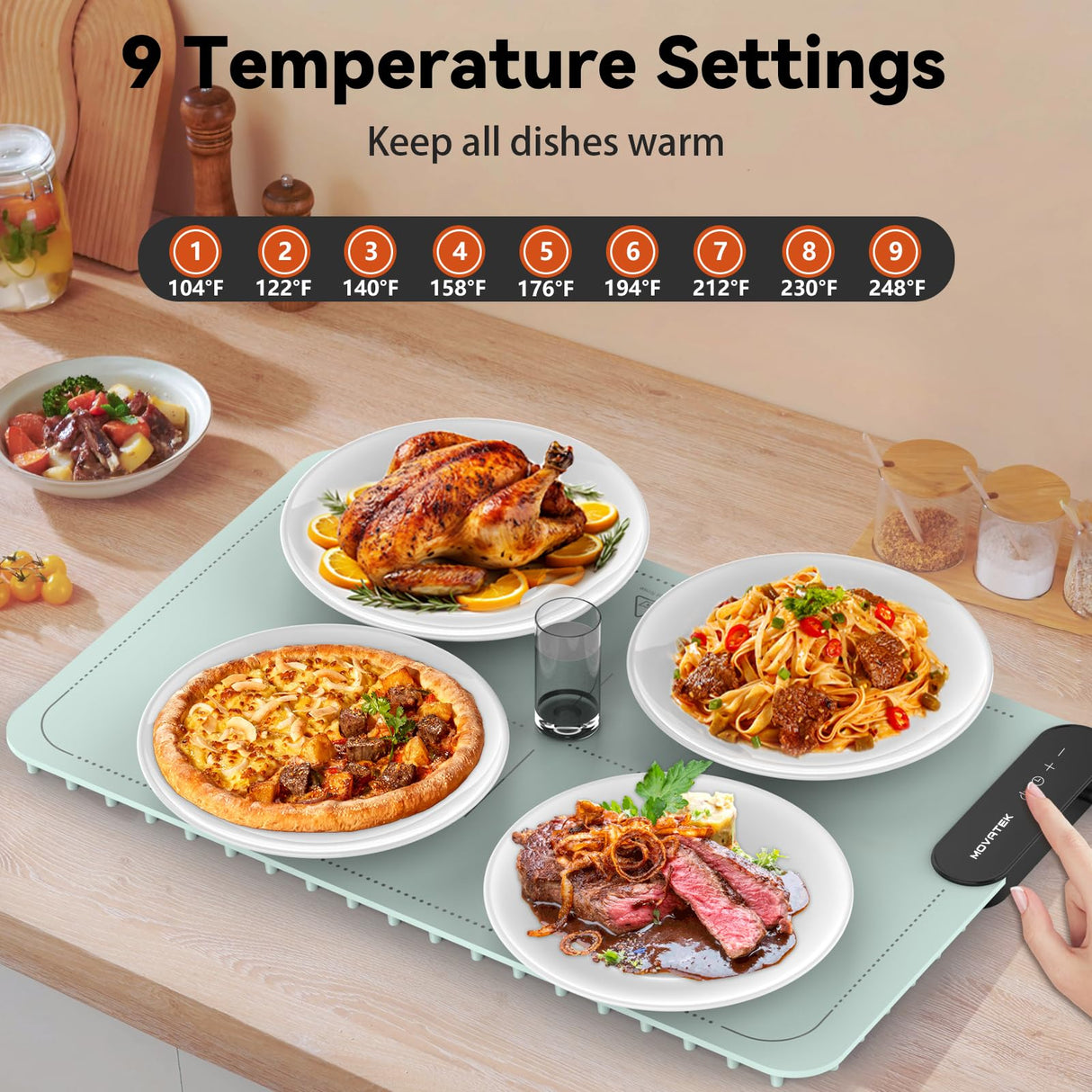 Electric Food Warming Mat with 9 Temperature Settings, Quick Heating Pad, Auto-Off Timer, Portable Silicone Food Warmer for Parties and Buffets