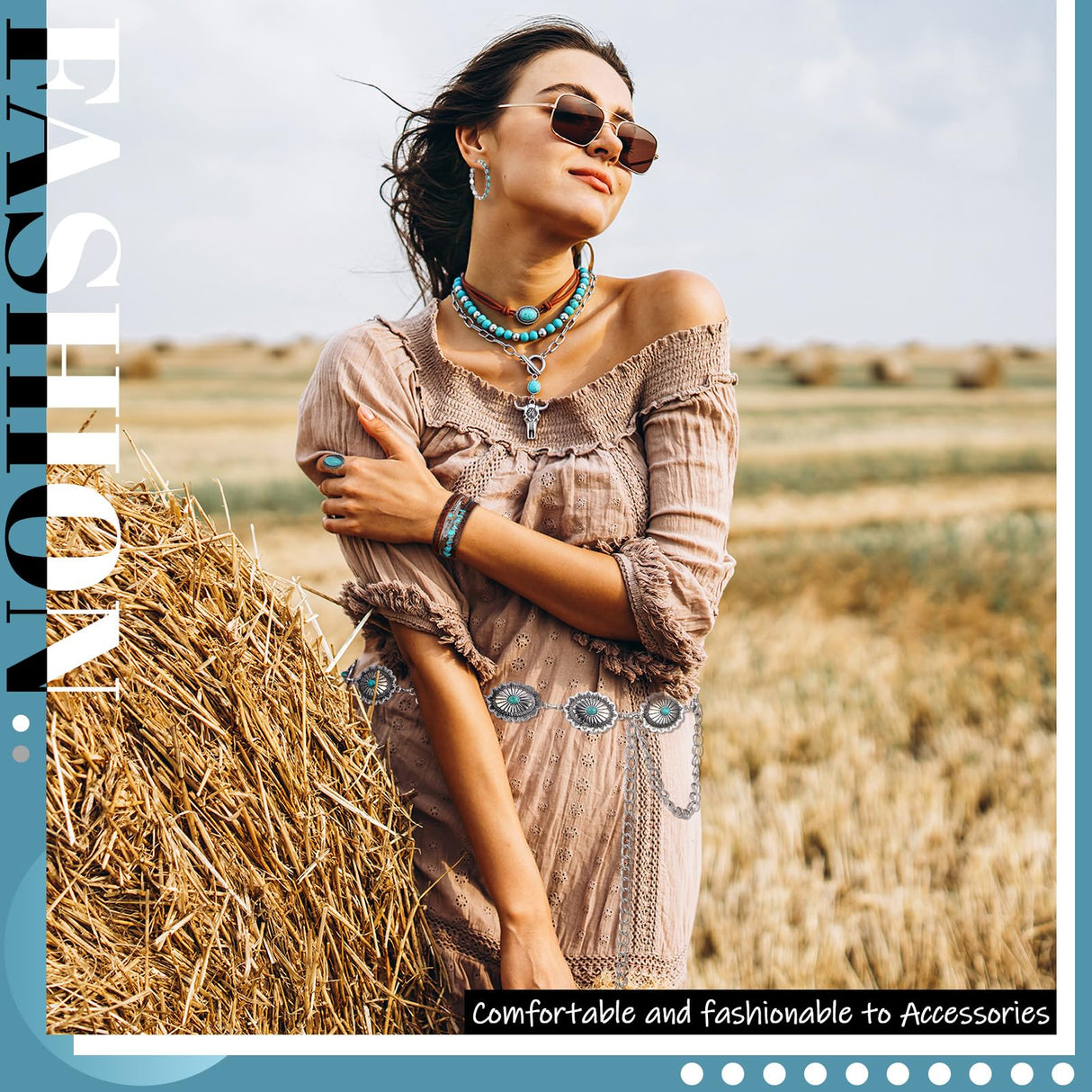 Zhamate 9 Pcs Western Jewelry Boho Turquoise Necklace Bracelet Ring Set