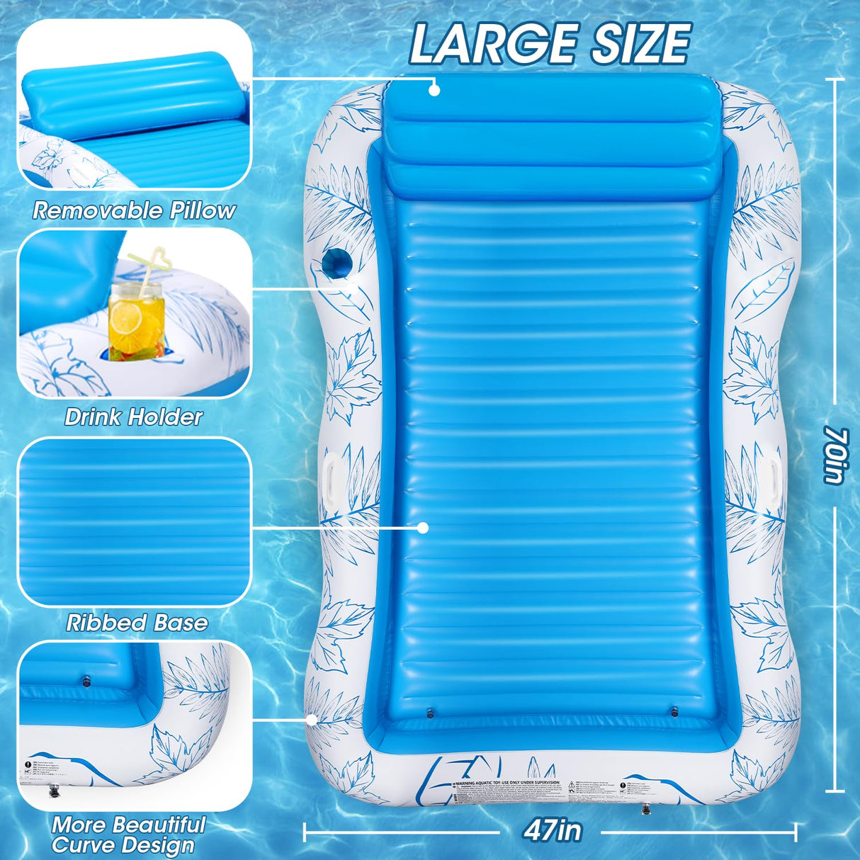 Inflatable Adult Pool Lounger Float - BAIAI Large Beach Sun Tanning Floaty Raft Sunbathing Water Lounge Floaties Tub with Drink Holder - Blow Up River & Lake Suntan Floating Swimming Mattress Mat(L)