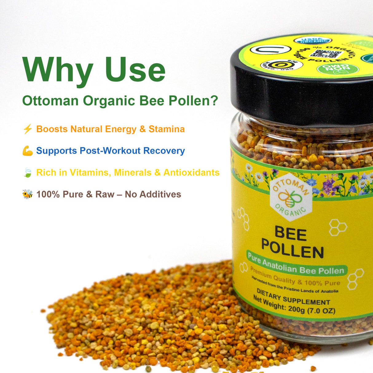 Organic Bee Pollen - USDA & EU Organic Certified, Halal, ISO 22000 & GMP | 100% Pure Superfood for Immune Support, Rich in Vitamins & Minerals | Non-GMO, Additive-Free | 200g (7.05 oz)